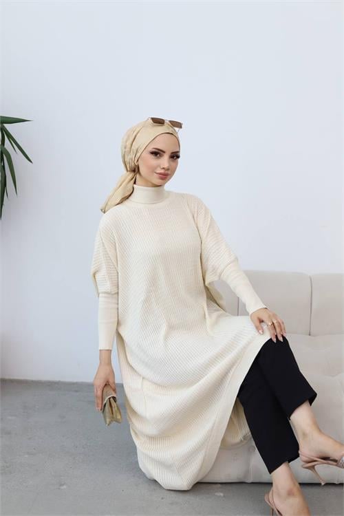 Dipmoda kadın bej oversize asimetrik tesettür elbise NMS013 