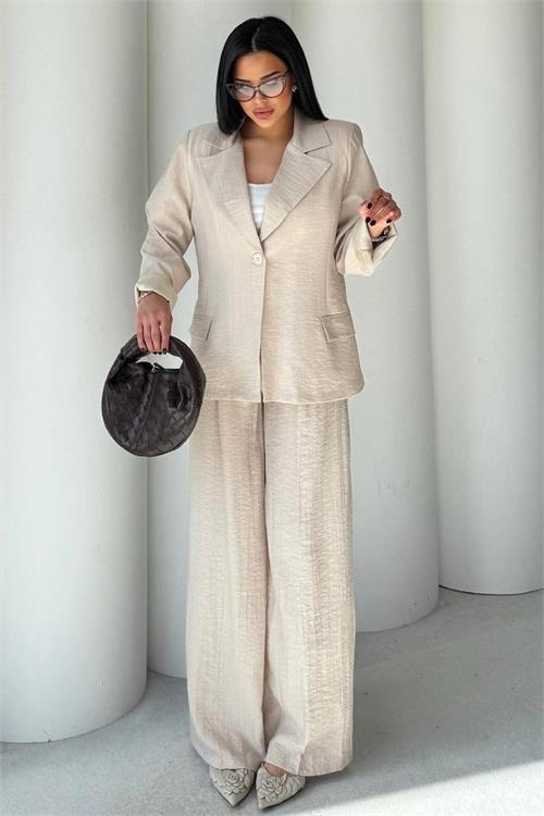 Dipmoda kadın bej oversize tek düğmeli blazer ceket pantolon takım DPSTR4085