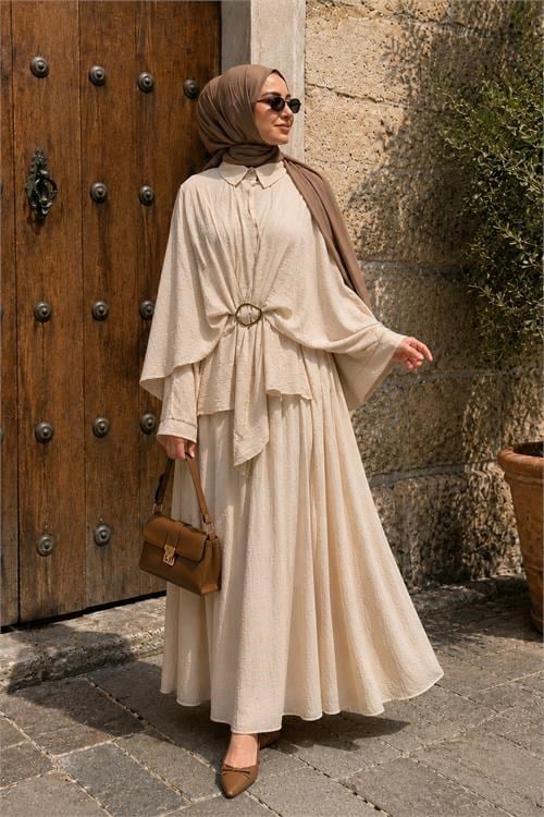 Dipmoda kadın bej pelerin detaylı bel tokalı ikili yeni sezon tesettür takım DPVQ3162