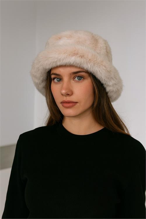 Dipmoda kadın bej peluş kalpak şapka DPAKS001