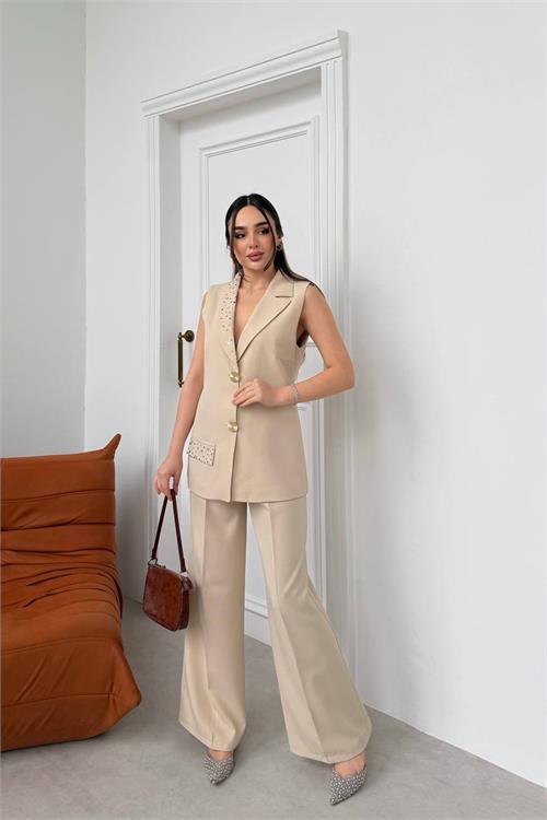 Dipmoda kadın bej taş işlemeli gold düğme detaylı kolsuz blazer ceket pantolon takım DPSTR1030