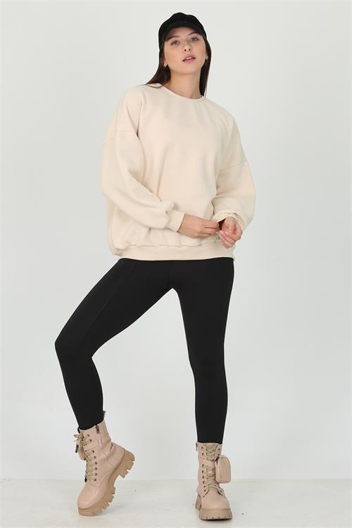 Dipmoda kadın bej üç iplik oversize bisiklet yaka şardonlu sweatshirt FVR001 