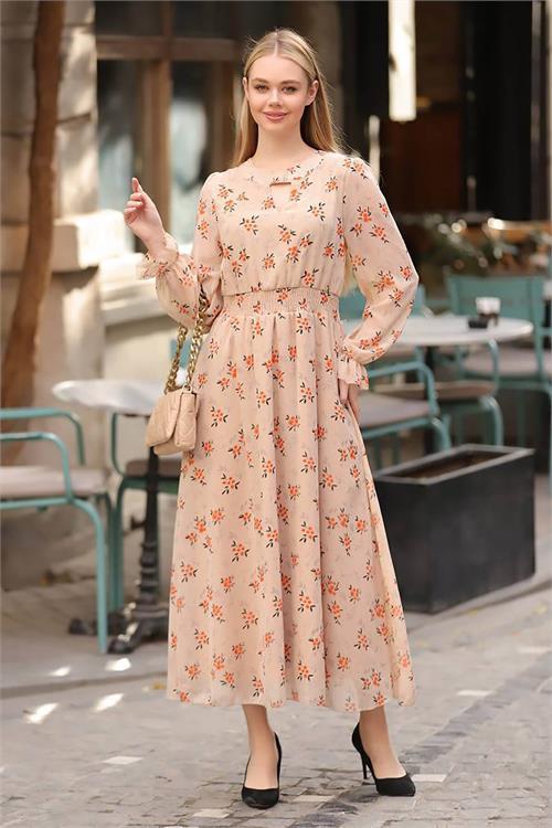 Dipmoda kadın bej yaka detaylı astarlı desenli uzun elbise RSSN26 