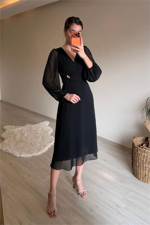 Dipmoda kadın bel drapeli gold toka detaylı midi boy şifon elbise NM025