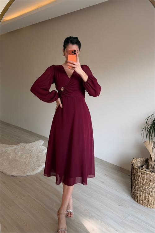 Dipmoda kadın bel drapeli gold toka detaylı midi boy şifon elbise NM025