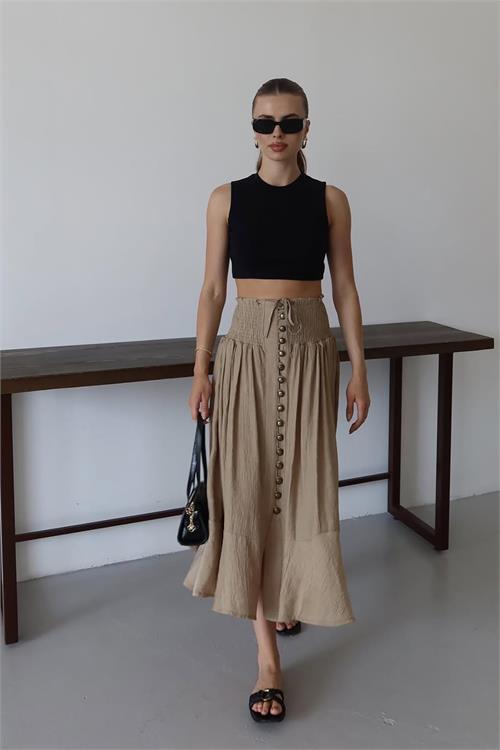 Dipmoda kadın bel lastikli düğmeli etek DPNP010