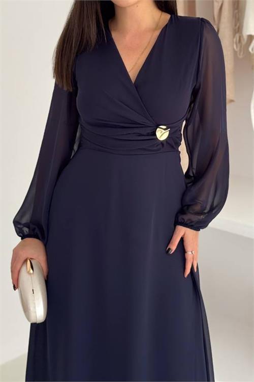 Dipmoda kadın bel toka detaylı astarlı şifon elbise DPK4329