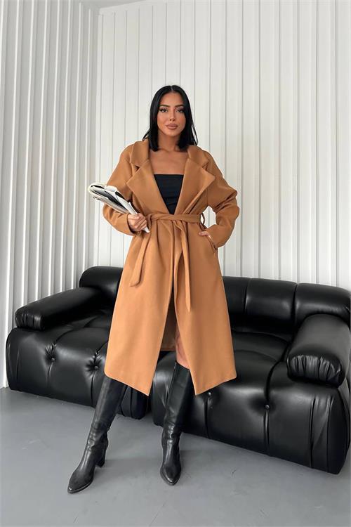 Dipmoda kadın bella kuşaklı kaşe kaban DPGTS026 - Camel