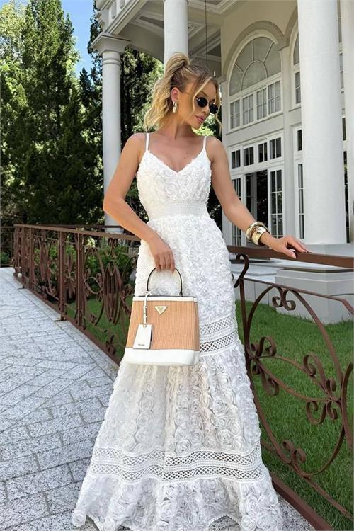 Dipmoda kadın beyaz askılı tasarım elbise DPNBEMP2667