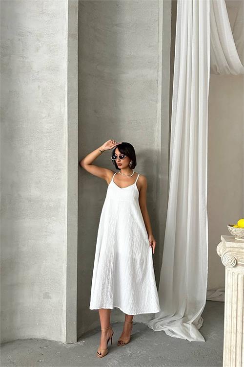 Dipmoda kadın beyaz ayarlanabilir askılı salaş elbise DPG090