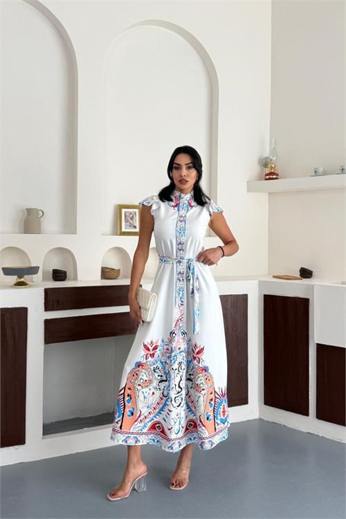 Dipmoda kadın beyaz dik yaka desenli kolsuz kuşaklı tam boy tasarım elbise DPMS2571