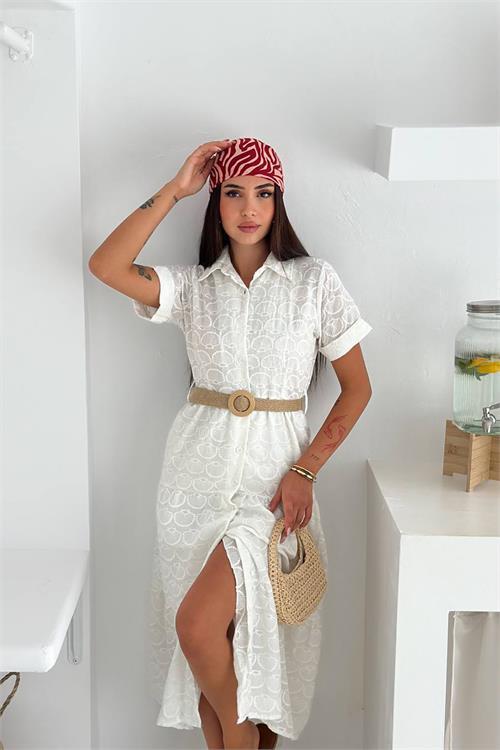 Dipmoda kadın beyaz gömlek yaka nakışlı hasır kemerli elbise DPK064