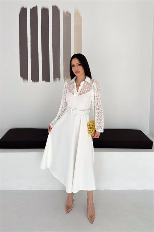 Dipmoda kadın beyaz gömlek yaka transparan üst detaylı kemerli midi boy elbise DPK4581