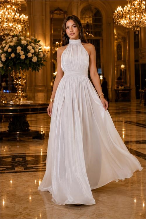 Dipmoda kadın beyaz halter yaka janjan kumaş premium abiye elbise DPMY4128