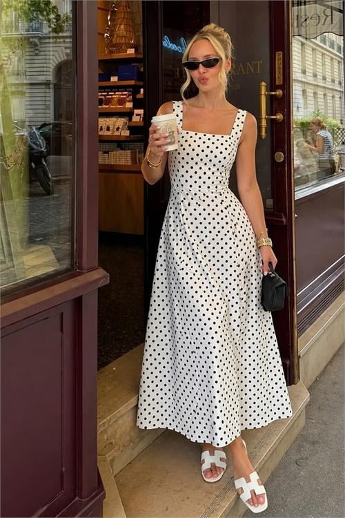 Dipmoda kadın beyaz kalın askılı puantiye desenli tam boy elbise DPNP028