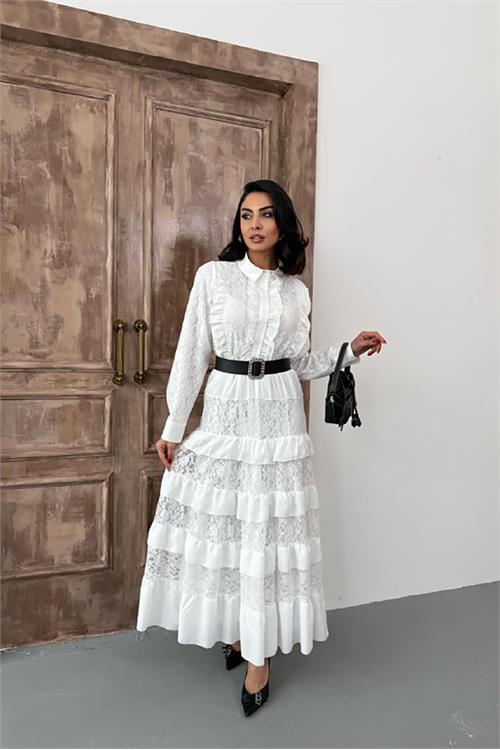 Dipmoda kadın beyaz kemerli dantel detaylı elbise DPMS2547