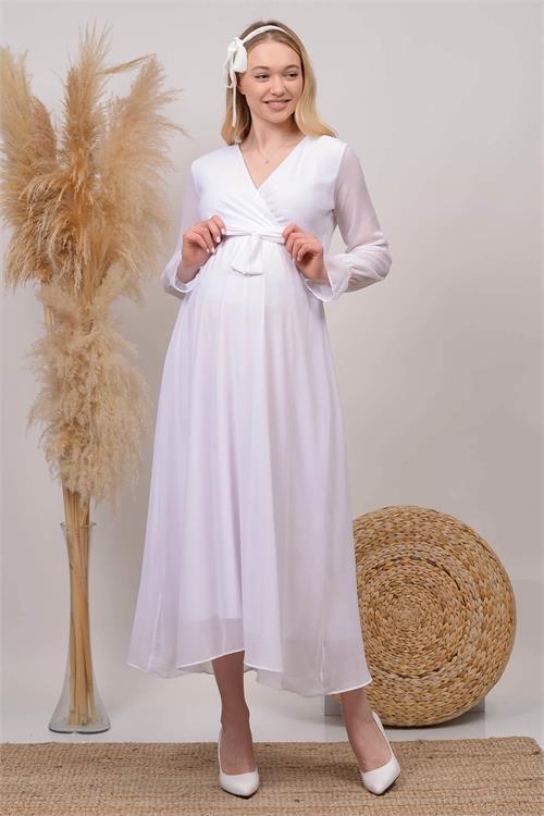 Dipmoda kadın beyaz kruvaze yaka baby shower şifon hamile elbise HML003 