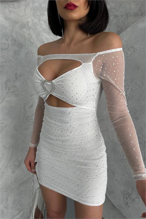 Dipmoda kadın beyaz simli dekolte mini elbise DPNBDF115