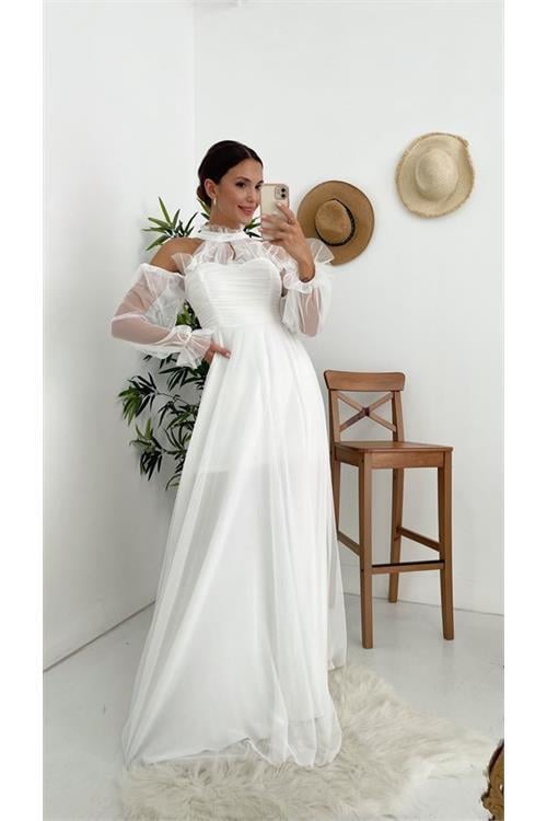 Dipmoda kadın beyaz tül drapeli uzun abiye elbise NBSWLL07 