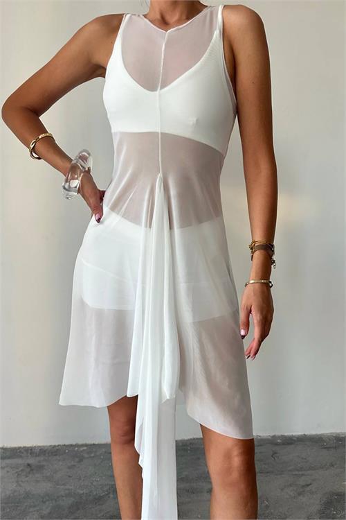 Dipmoda kadın beyaz tül pareo üçlü takım DPDF099