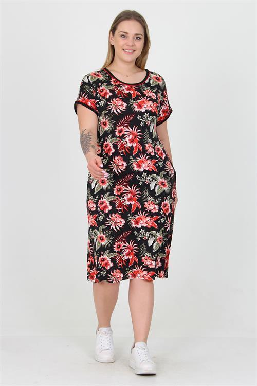 Dipmoda kadın bisiklet yaka çiçek desenli büyük beden yazlık elbise AYSL30 