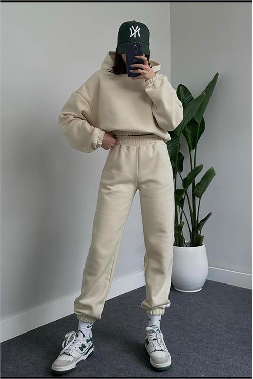 Dipmoda kadın bisiklet yaka şardonlu eşofman takımı DPGTS020 - Bej