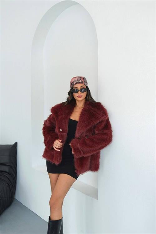 Dipmoda kadın bordo astarlı kürk kaban DPMYLK32