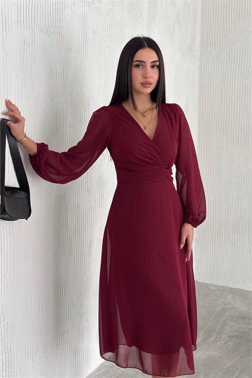 Dipmoda kadın bordo astarlı şifon elbise DPNBK3028