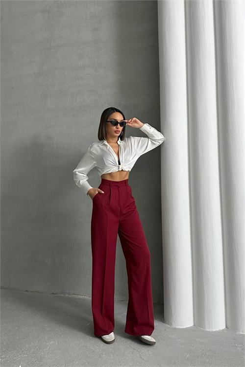 Dipmoda kadın bordo atlas kumaş palazzo pantolon DPNBG061