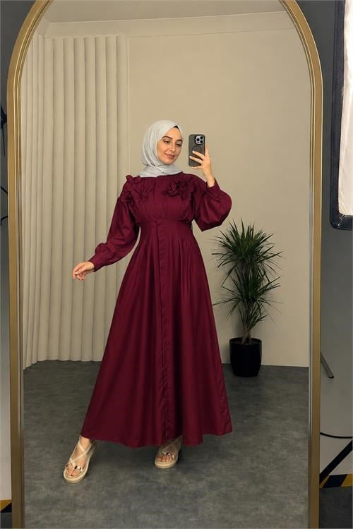 Dipmoda kadın bordo belden oturtmalı çiçek detaylı premium tesettür elbise DPVQ4933
