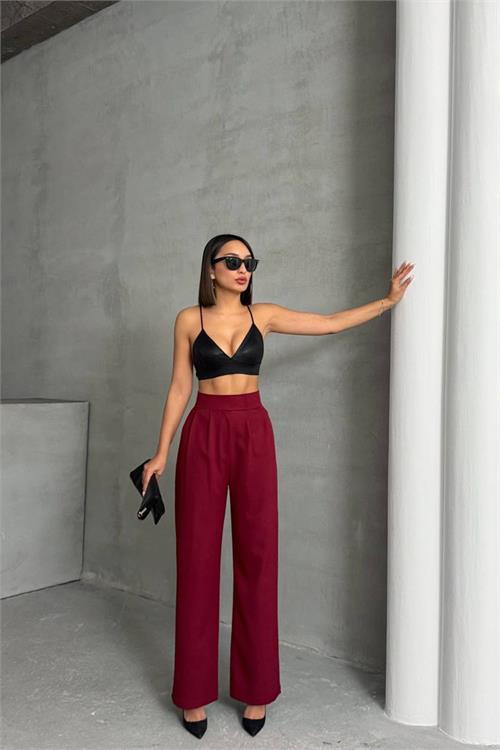 Dipmoda kadın bordo beli cırtlı palazzo kumaş pantolon DPNBG063