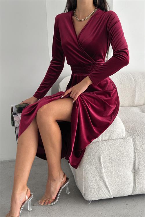 Dipmoda kadın bordo beli gipeli kruvaze kadife elbise NBQ013