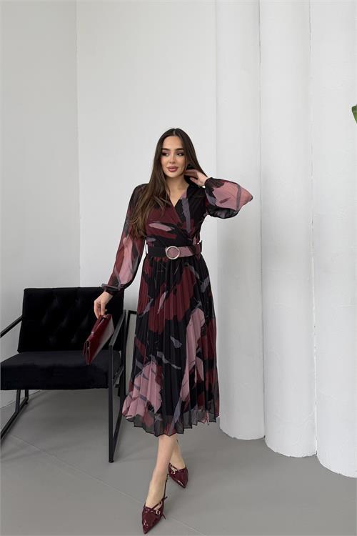 Dipmoda kadın bordo beli kemerli piliseli şifon astarlı midi boy elbise DPELB04