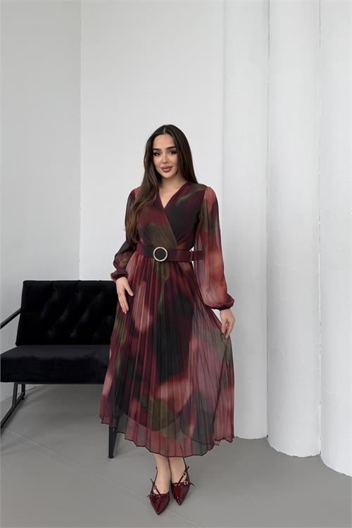 Dipmoda kadın bordo beli kemerli piliseli kruvaze yaka şifon elbise DPELB03