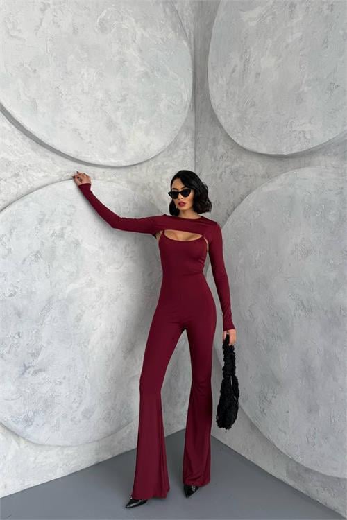 Dipmoda kadın bordo bolero detaylı ispanyol tulum DPNBDF120