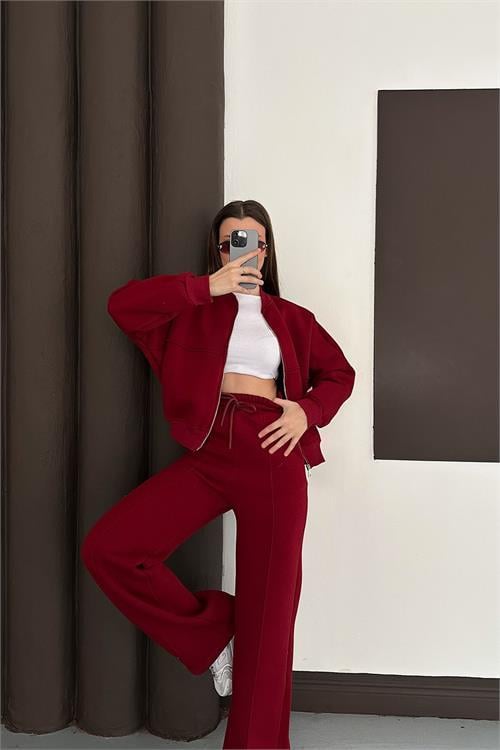 Dipmoda kadın bordo cepli içi polarlı 3 iplik eşofman takımı RYHS001