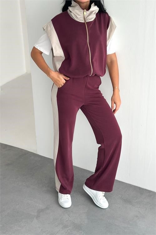Dipmoda kadın bordo çift renkli oversize yelekli premium eşofman takımı DPRW5063