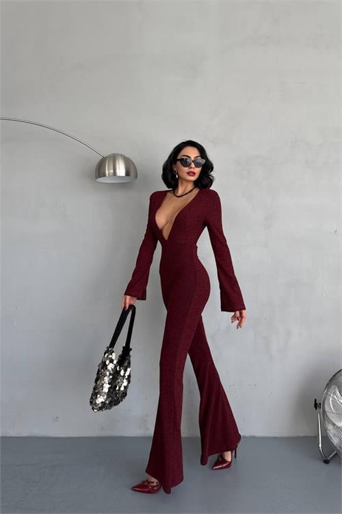 Dipmoda kadın bordo dekolteli novel sim maxi tulum DPNBDF118