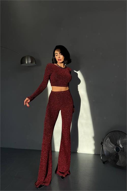 Dipmoda kadın bordo double face simli takım DPNBDF131