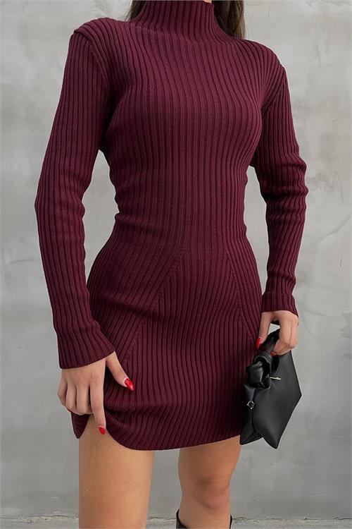 Dipmoda kadın bordo fitilli mini triko elbise NBDM1208 