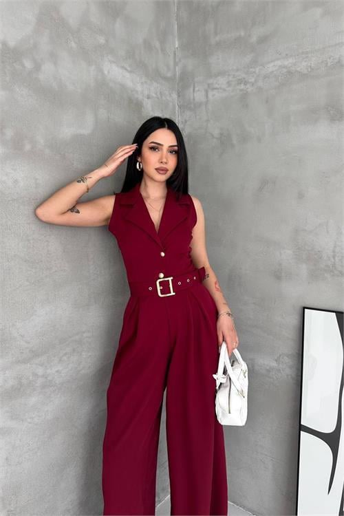Dipmoda kadın bordo gömlek yaka düğme detaylı maxi tulum DPK061