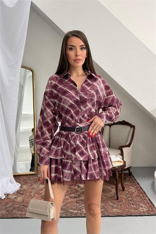 Dipmoda kadın bordo gömlek yaka kat kat ekose desen mini elbise DPNP025