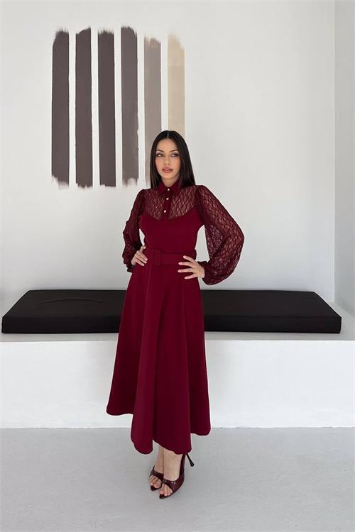 Dipmoda kadın bordo gömlek yaka transparan üst detaylı kemerli midi boy elbise DPK4581