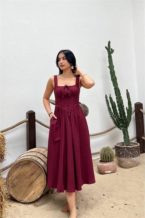 Dipmoda kadın bordo kalın askılı kare yaka düğme detaylı midi boy elbise DPMY3913