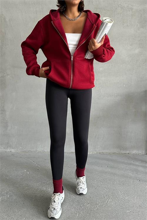 Dipmoda kadın bordo kapuşonlu içi pamuklu sweat NBG030 