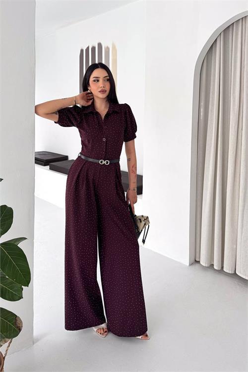 Dipmoda kadın bordo kemer detaylı tam boy taşlı gömlek yaka tulum DPK4592