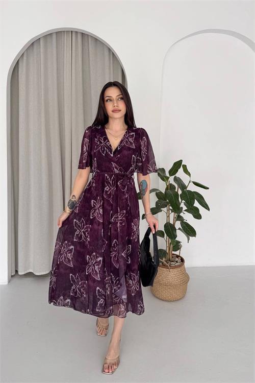 Dipmoda kadın bordo kruvaze yaka desenli midi boy şifon elbise DPK4587