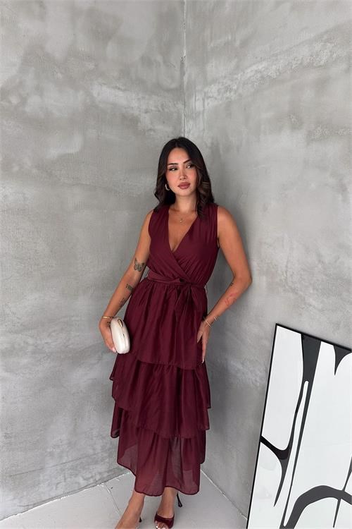 Dipmoda kadın bordo kruvaze yaka kat kat kuşaklı midi boy elbise DPK4674