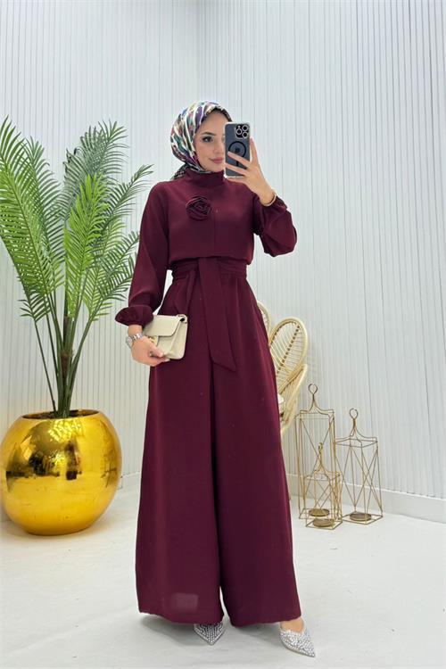 Dipmoda kadın bordo kuşaklı gül detaylı salaş tulum DPNMS003