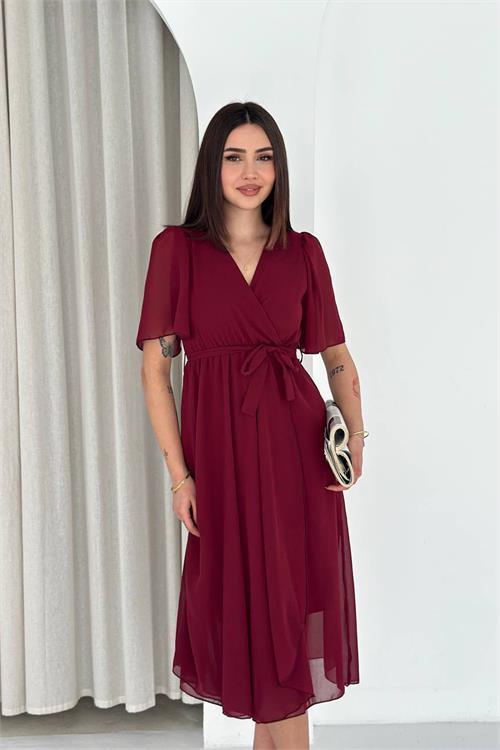 Dipmoda kadın bordo kuşaklı kruvaze yaka anvelop şifon elbise DPK4520